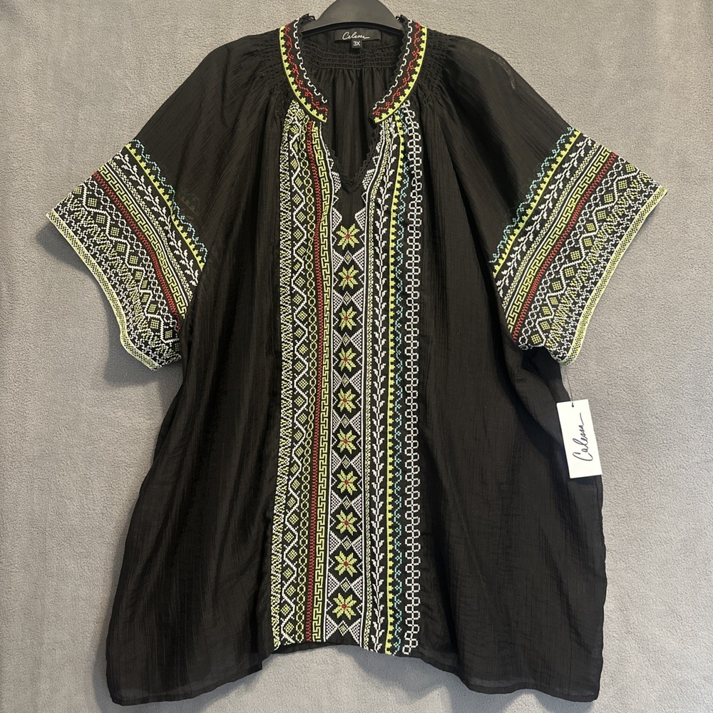 NWT Calessa Embroidered Tunic Top Plus Size 3X Black Semi Sheer Boho Resort
